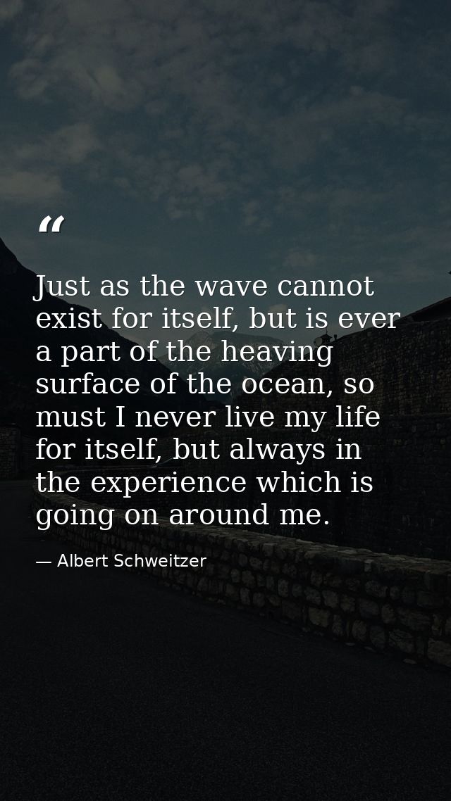 Just as the wave cannot exist for itself, but is ever a part of the heaving surface of the ocean, so must I never live m — Albert Schweitzer