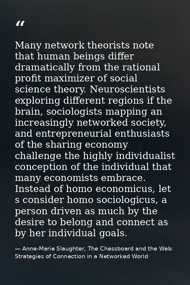 Many network theorists note that human beings differ dramatically from the rational profit maximizer of social science t — Anne-Marie Slaughter, The Chessboard and the Web: Strategies of Connection in a Networked World