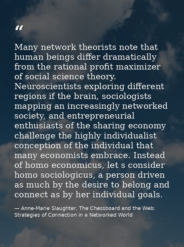 Many network theorists note that human beings differ dramatically from the rational profit maximizer of social science t — Anne-Marie Slaughter, The Chessboard and the Web: Strategies of Connection in a Networked World