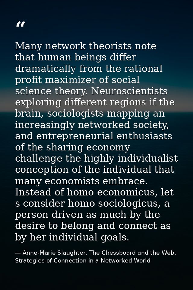 Many network theorists note that human beings differ dramatically from the rational profit maximizer of social science t — Anne-Marie Slaughter, The Chessboard and the Web: Strategies of Connection in a Networked World
