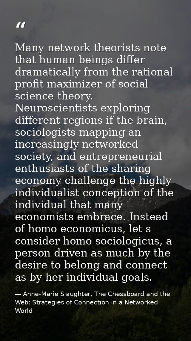 Many network theorists note that human beings differ dramatically from the rational profit maximizer of social science t — Anne-Marie Slaughter, The Chessboard and the Web: Strategies of Connection in a Networked World