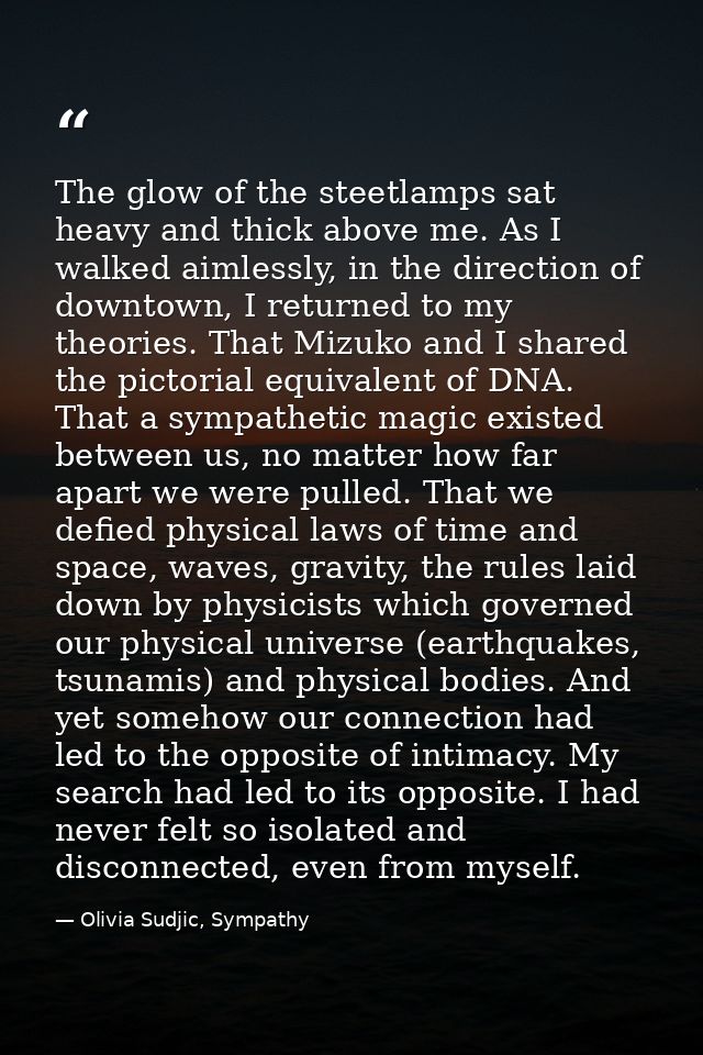 The glow of the steetlamps sat heavy and thick above me. As I walked aimlessly, in the direction of downtown, I returned — Olivia Sudjic, Sympathy