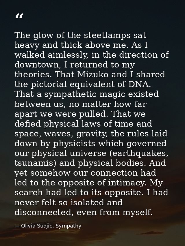 The glow of the steetlamps sat heavy and thick above me. As I walked aimlessly, in the direction of downtown, I returned — Olivia Sudjic, Sympathy