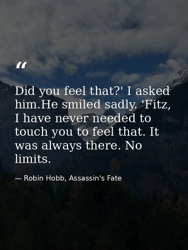 Did you feel that?' I asked him.He smiled sadly. 'Fitz, I have never needed to touch you to feel that. It was always the — Robin Hobb, Assassin's Fate