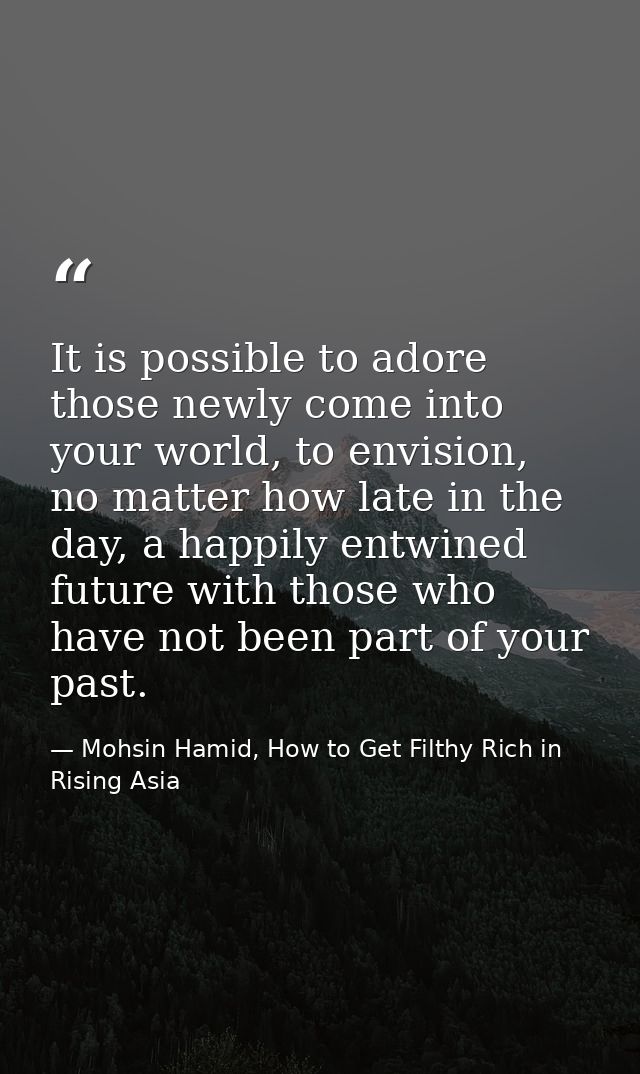 It is possible to adore those newly come into your world, to envision, no matter how late in the day, a happily entwined — Mohsin Hamid, How to Get Filthy Rich in Rising Asia