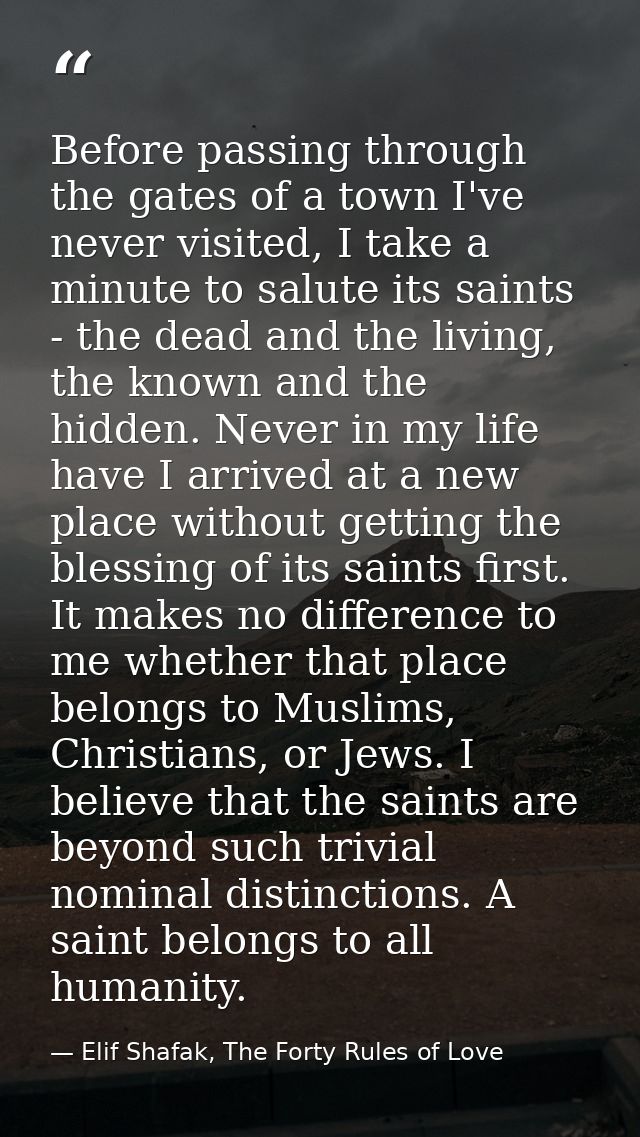 Before passing through the gates of a town I've never visited, I take a minute to salute its saints - the dead and the l — Elif Shafak, The Forty Rules of Love