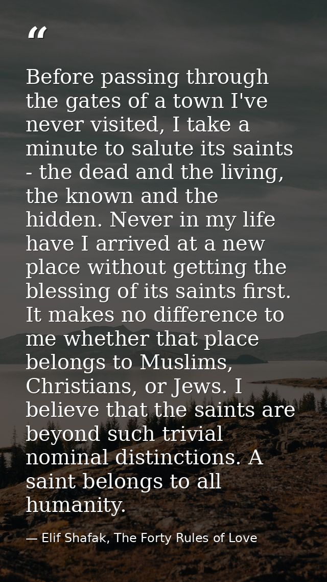 Before passing through the gates of a town I've never visited, I take a minute to salute its saints - the dead and the l — Elif Shafak, The Forty Rules of Love