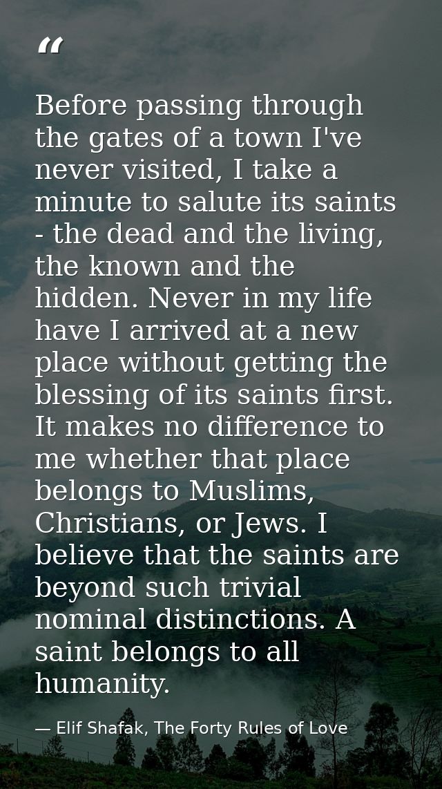 Before passing through the gates of a town I've never visited, I take a minute to salute its saints - the dead and the l — Elif Shafak, The Forty Rules of Love