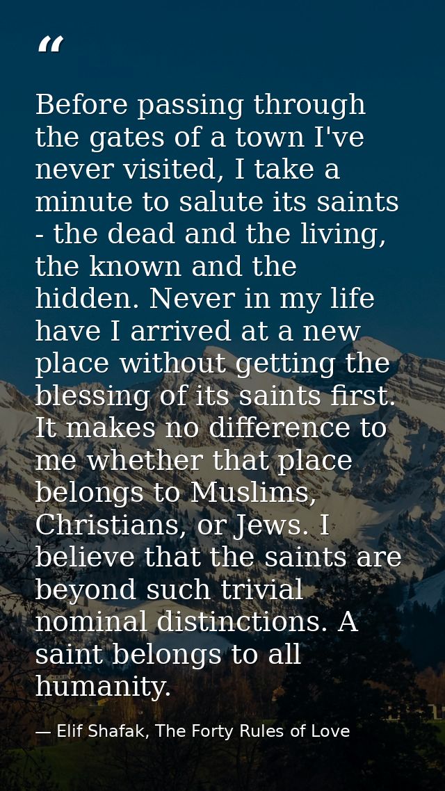 Before passing through the gates of a town I've never visited, I take a minute to salute its saints - the dead and the l — Elif Shafak, The Forty Rules of Love