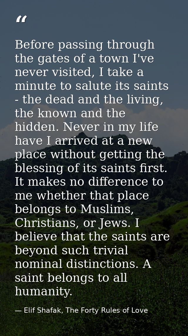 Before passing through the gates of a town I've never visited, I take a minute to salute its saints - the dead and the l — Elif Shafak, The Forty Rules of Love