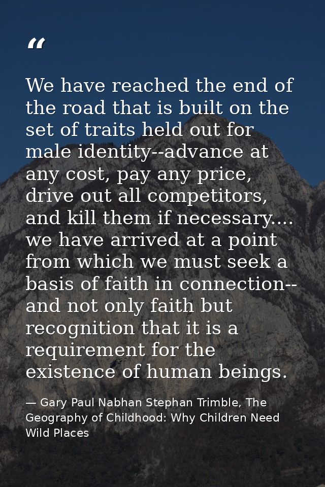 We have reached the end of the road that is built on the set of traits held out for male identity--advance at any cost,  — Gary Paul Nabhan Stephan Trimble, The Geography of Childhood: Why Children Need Wild Places