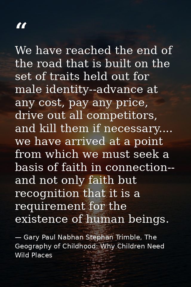 We have reached the end of the road that is built on the set of traits held out for male identity--advance at any cost,  — Gary Paul Nabhan Stephan Trimble, The Geography of Childhood: Why Children Need Wild Places