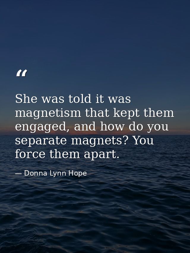 She was told it was magnetism that kept them engaged, and how do you separate magnets? You force them apart. — Donna Lynn Hope