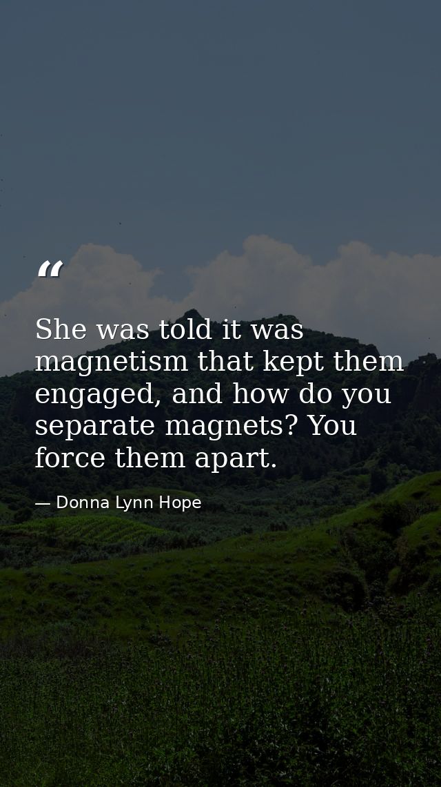 She was told it was magnetism that kept them engaged, and how do you separate magnets? You force them apart. — Donna Lynn Hope