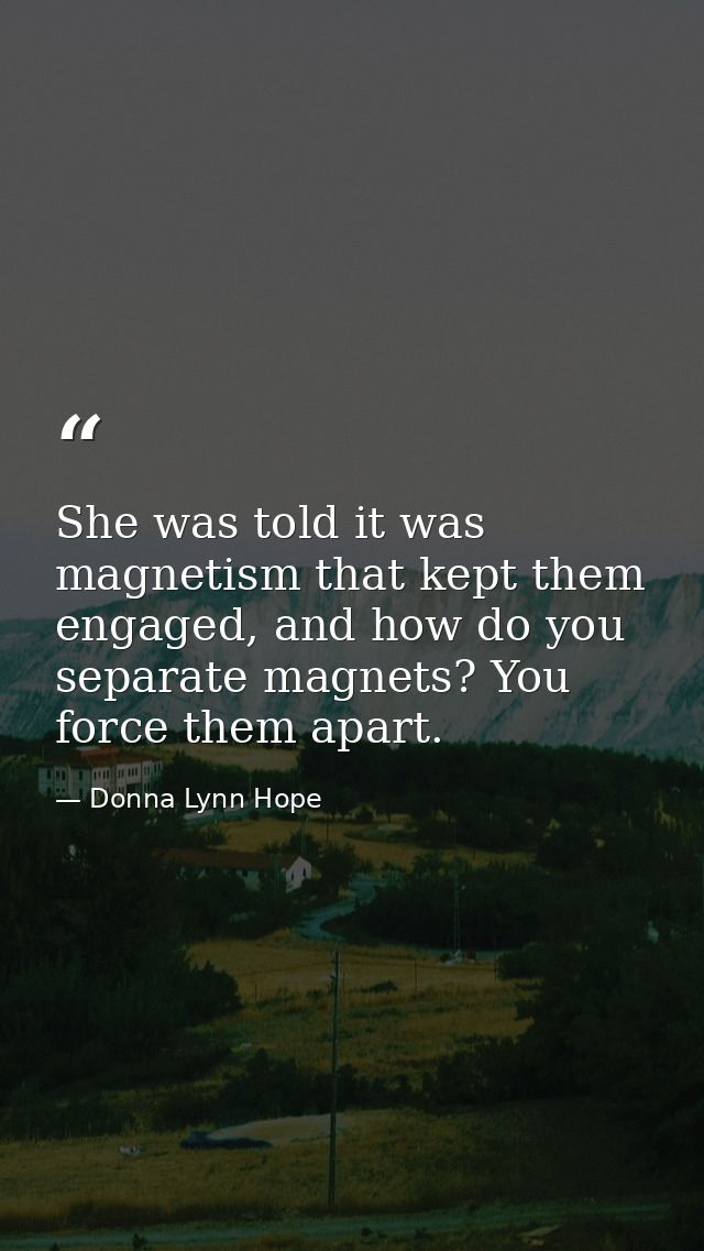 She was told it was magnetism that kept them engaged, and how do you separate magnets? You force them apart. — Donna Lynn Hope