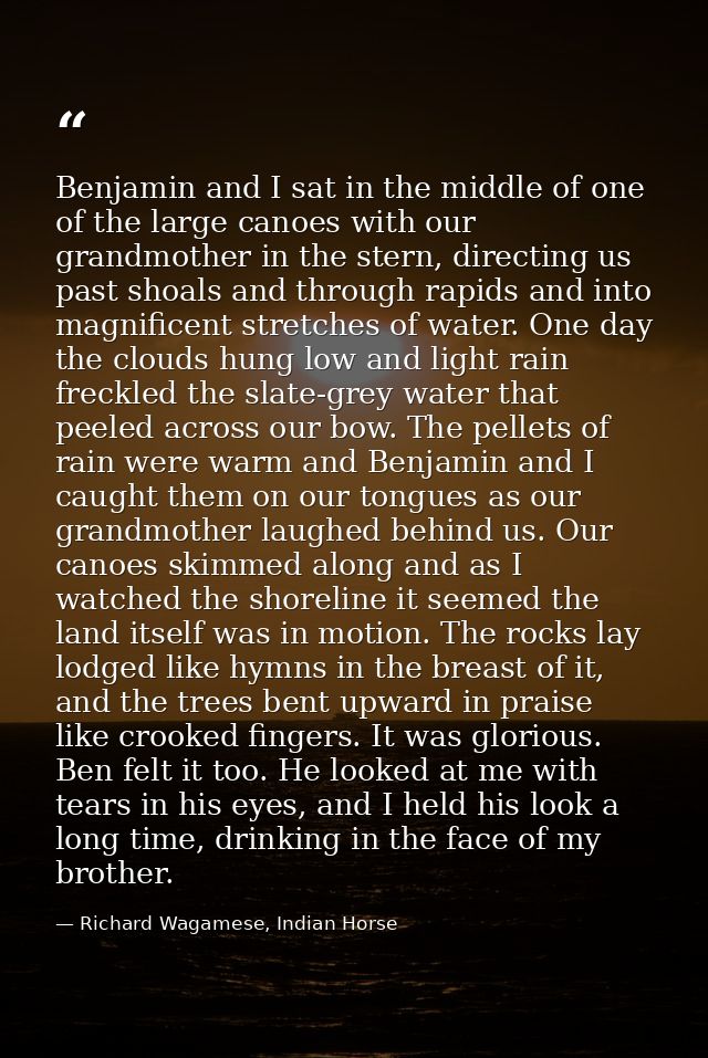Benjamin and I sat in the middle of one of the large canoes with our grandmother in the stern, directing us past shoals  — Richard Wagamese, Indian Horse