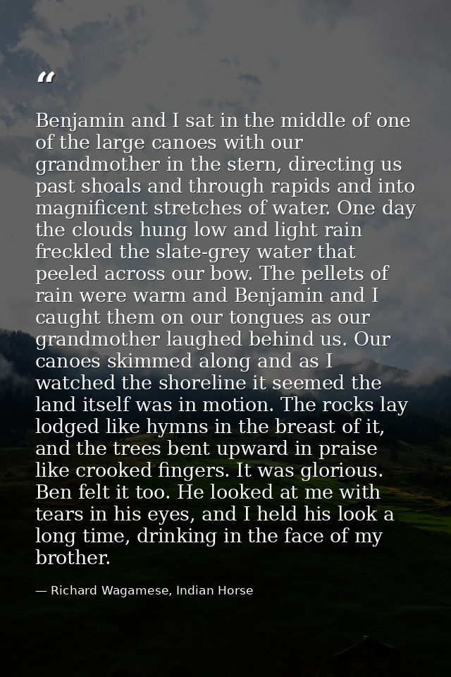 Benjamin and I sat in the middle of one of the large canoes with our grandmother in the stern, directing us past shoals  — Richard Wagamese, Indian Horse