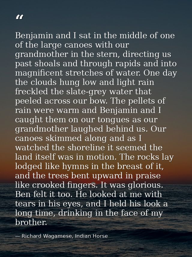 Benjamin and I sat in the middle of one of the large canoes with our grandmother in the stern, directing us past shoals  — Richard Wagamese, Indian Horse