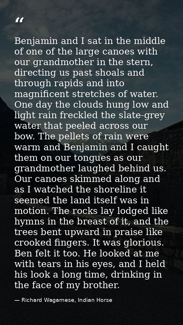 Benjamin and I sat in the middle of one of the large canoes with our grandmother in the stern, directing us past shoals  — Richard Wagamese, Indian Horse