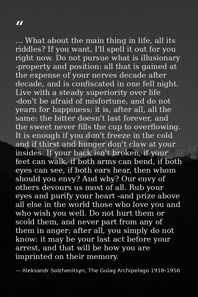 … What about the main thing in life, all its riddles? If you want, I'll spell it out for you right now. Do not pursue wh — Aleksandr Solzhenitsyn, The Gulag Archipelago 1918-1956