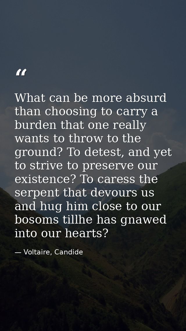 What can be more absurd than choosing to carry a burden that one really wants to throw to the ground? To detest, and yet — Voltaire, Candide