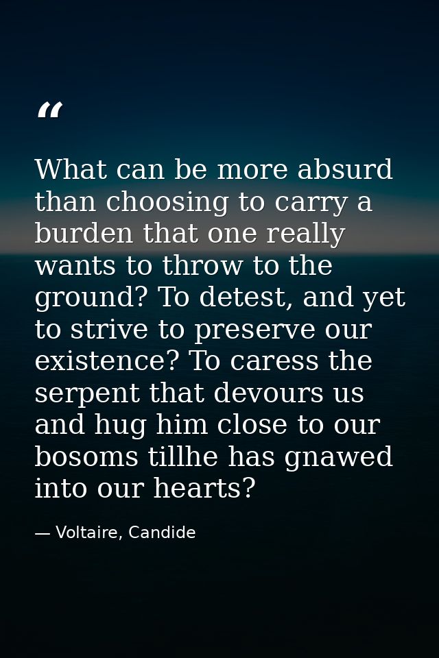 What can be more absurd than choosing to carry a burden that one really wants to throw to the ground? To detest, and yet — Voltaire, Candide