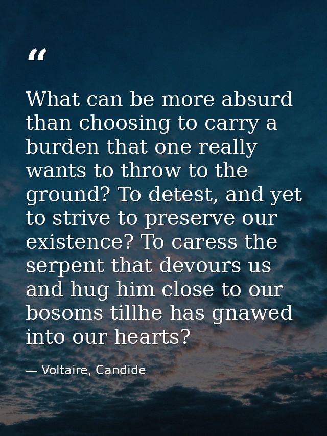 What can be more absurd than choosing to carry a burden that one really wants to throw to the ground? To detest, and yet — Voltaire, Candide