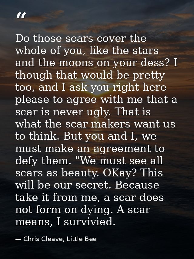 Do those scars cover the whole of you, like the stars and the moons on your dess? I though that would be pretty too, and — Chris Cleave, Little Bee
