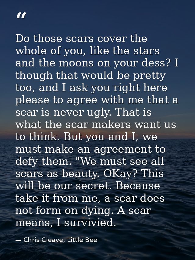 Do those scars cover the whole of you, like the stars and the moons on your dess? I though that would be pretty too, and — Chris Cleave, Little Bee
