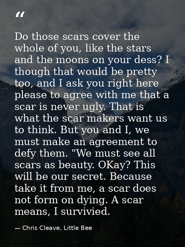 Do those scars cover the whole of you, like the stars and the moons on your dess? I though that would be pretty too, and — Chris Cleave, Little Bee