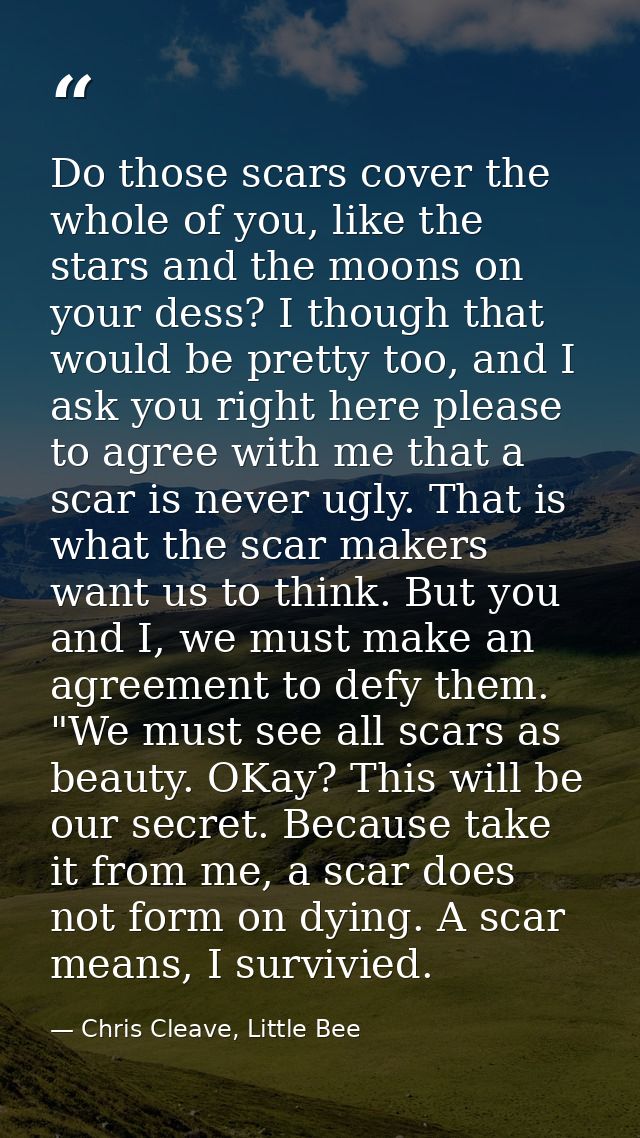 Do those scars cover the whole of you, like the stars and the moons on your dess? I though that would be pretty too, and — Chris Cleave, Little Bee