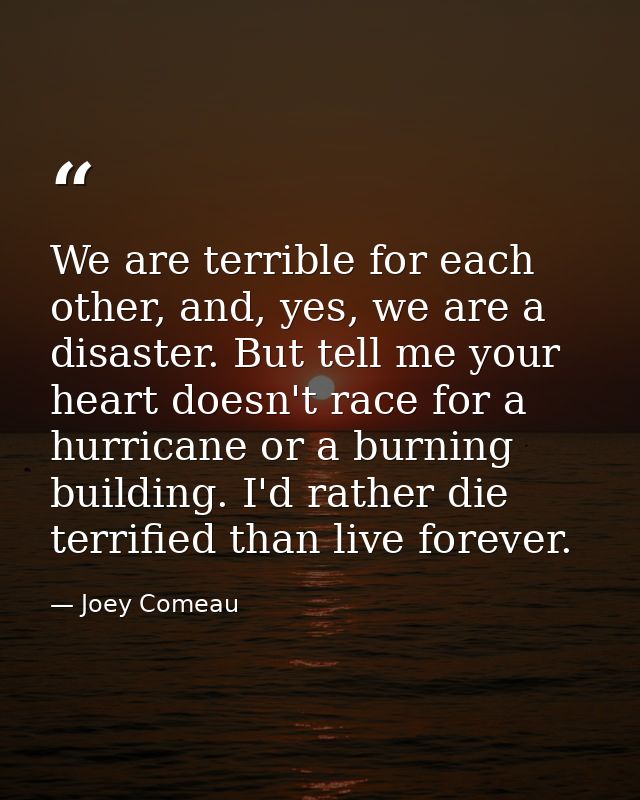 We are terrible for each other, and, yes, we are a disaster. But tell me your heart doesn't race for a hurricane or a bu — Joey Comeau