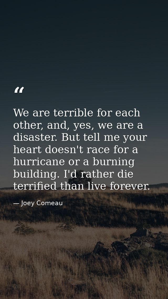 We are terrible for each other, and, yes, we are a disaster. But tell me your heart doesn't race for a hurricane or a bu — Joey Comeau