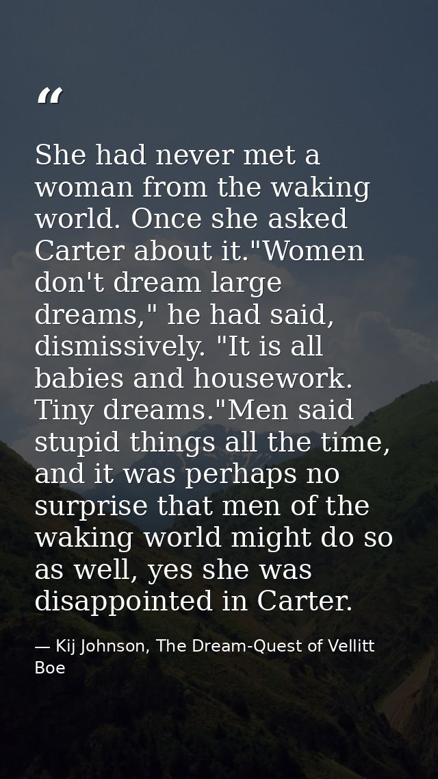 She had never met a woman from the waking world. Once she asked Carter about it."Women don't dream large dreams," he had — Kij Johnson, The Dream-Quest of Vellitt Boe