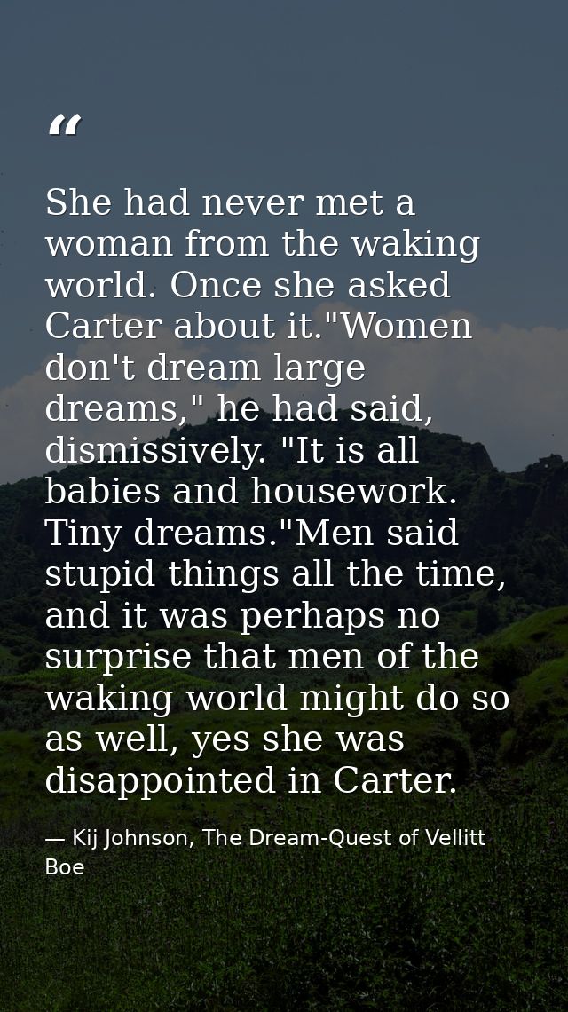 She had never met a woman from the waking world. Once she asked Carter about it."Women don't dream large dreams," he had — Kij Johnson, The Dream-Quest of Vellitt Boe