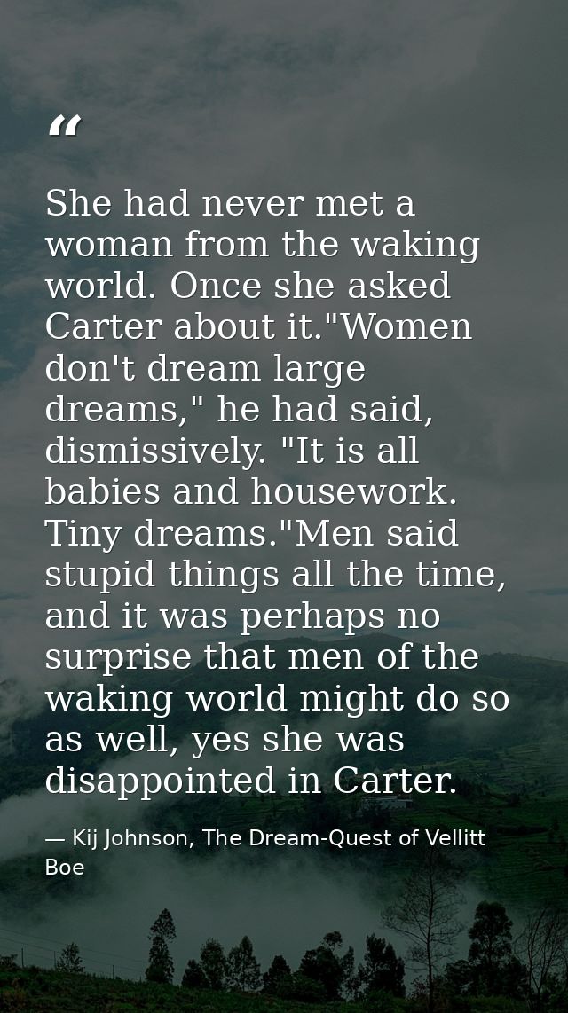 She had never met a woman from the waking world. Once she asked Carter about it."Women don't dream large dreams," he had — Kij Johnson, The Dream-Quest of Vellitt Boe