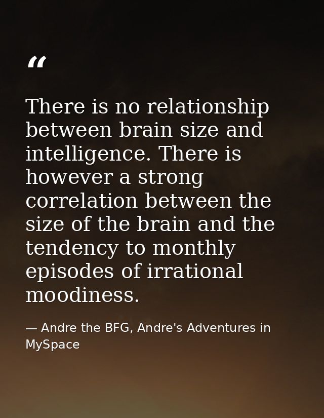 There is no relationship between brain size and intelligence. There is however a strong correlation between the size of  — Andre the BFG, Andre's Adventures in MySpace