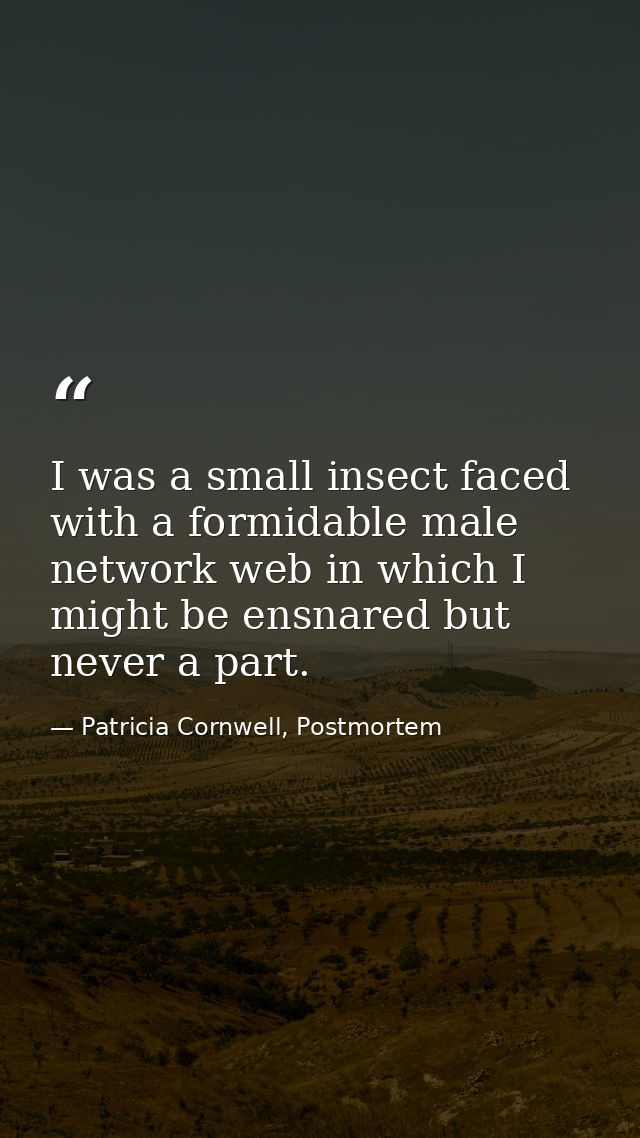 I was a small insect faced with a formidable male network web in which I might be ensnared but never a part. — Patricia Cornwell, Postmortem