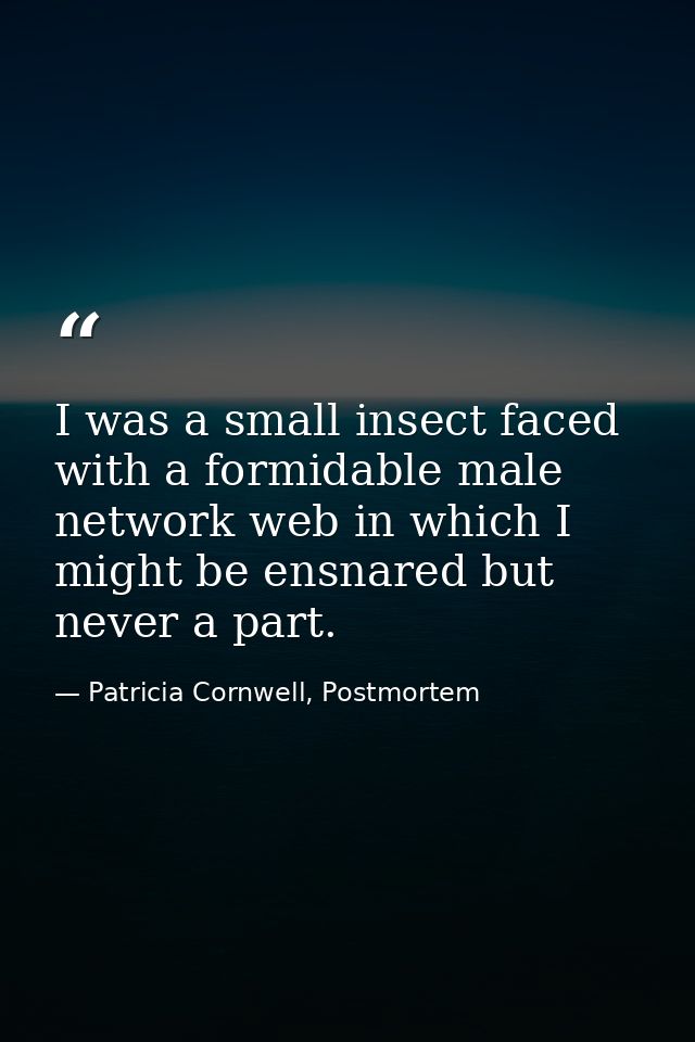 I was a small insect faced with a formidable male network web in which I might be ensnared but never a part. — Patricia Cornwell, Postmortem