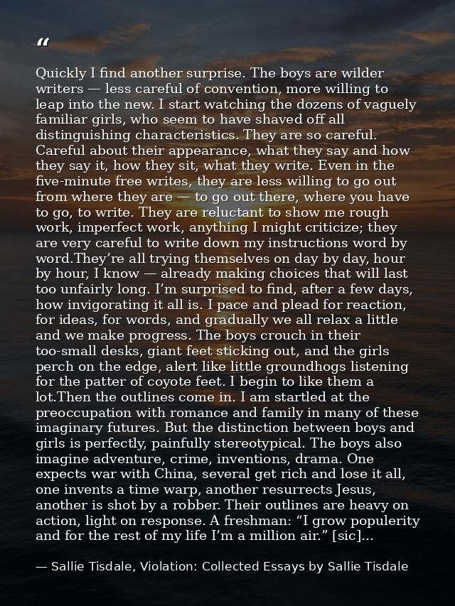 Quickly I find another surprise. The boys are wilder writers — less careful of convention, more willing to leap into the — Sallie Tisdale, Violation: Collected Essays by Sallie Tisdale