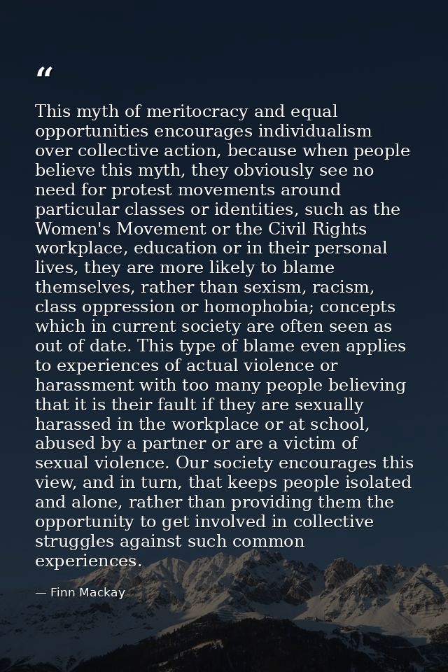 This myth of meritocracy and equal opportunities encourages individualism over collective action, because when people be — Finn Mackay