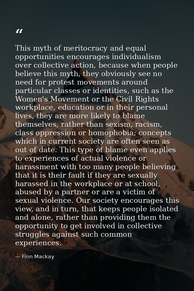 This myth of meritocracy and equal opportunities encourages individualism over collective action, because when people be — Finn Mackay