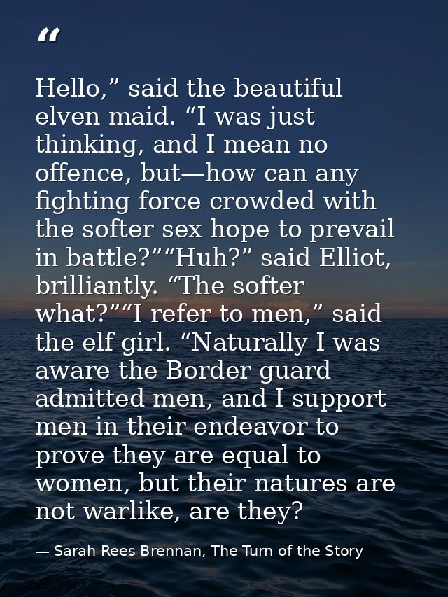 Hello,” said the beautiful elven maid. “I was just thinking, and I mean no offence, but—how can any fighting force crowd — Sarah Rees Brennan, The Turn of the Story