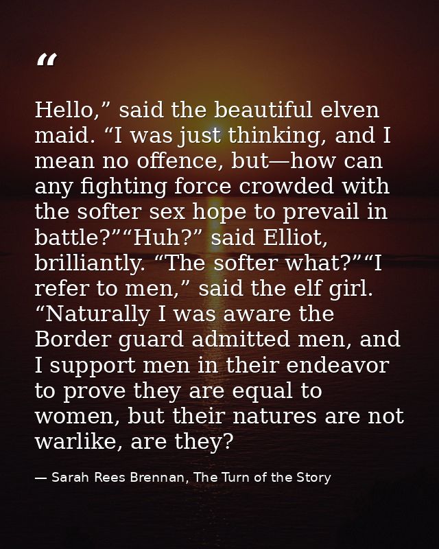 Hello,” said the beautiful elven maid. “I was just thinking, and I mean no offence, but—how can any fighting force crowd — Sarah Rees Brennan, The Turn of the Story