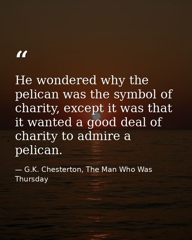 He wondered why the pelican was the symbol of charity, except it was that it wanted a good deal of charity to admire a p — G.K. Chesterton, The Man Who Was Thursday