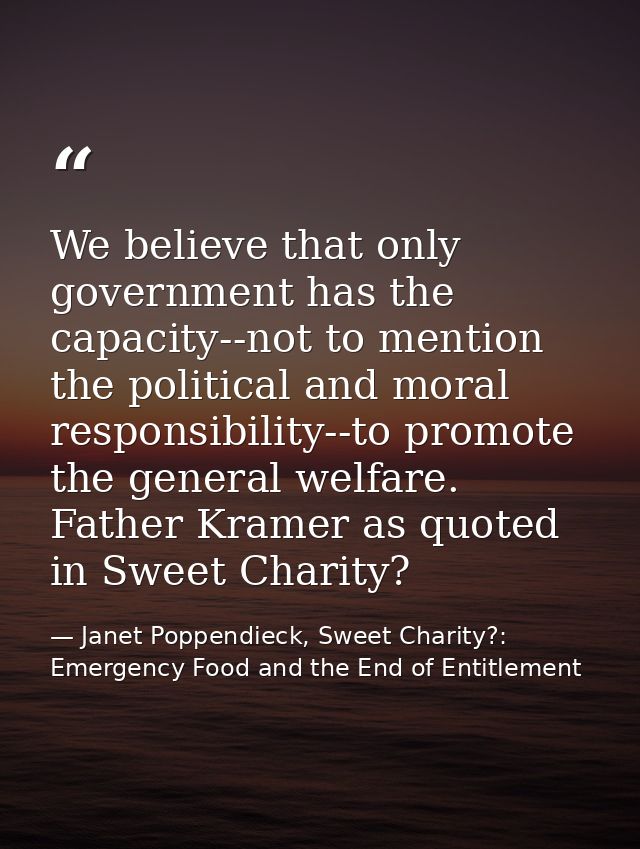 We believe that only government has the capacity--not to mention the political and moral responsibility--to promote the  — Janet Poppendieck, Sweet Charity?: Emergency Food and the End of Entitlement