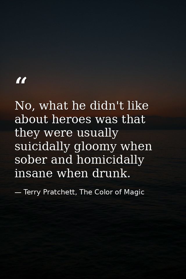 No, what he didn't like about heroes was that they were usually suicidally gloomy when sober and homicidally insane when — Terry Pratchett, The Color of Magic