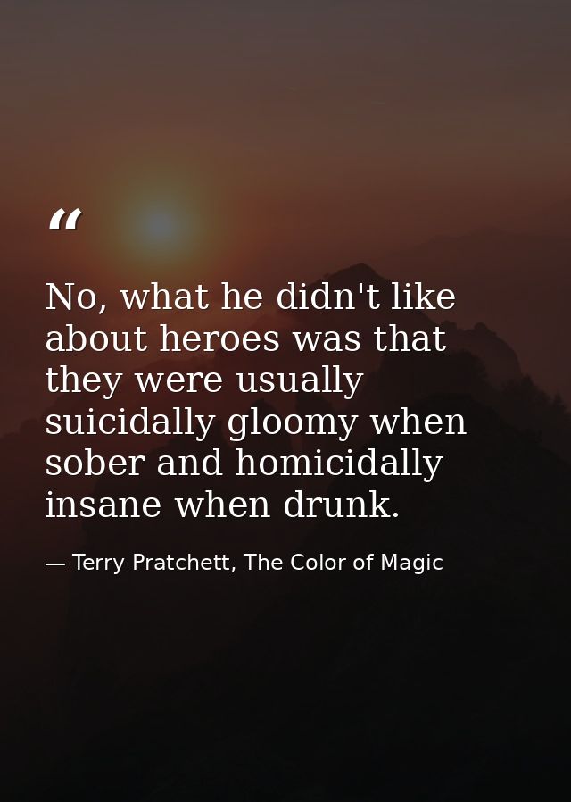 No, what he didn't like about heroes was that they were usually suicidally gloomy when sober and homicidally insane when — Terry Pratchett, The Color of Magic