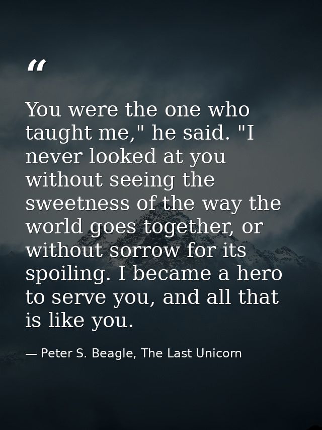 You were the one who taught me," he said. "I never looked at you without seeing the sweetness of the way the world goes  — Peter S. Beagle, The Last Unicorn