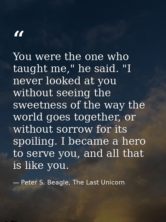You were the one who taught me," he said. "I never looked at you without seeing the sweetness of the way the world goes  — Peter S. Beagle, The Last Unicorn